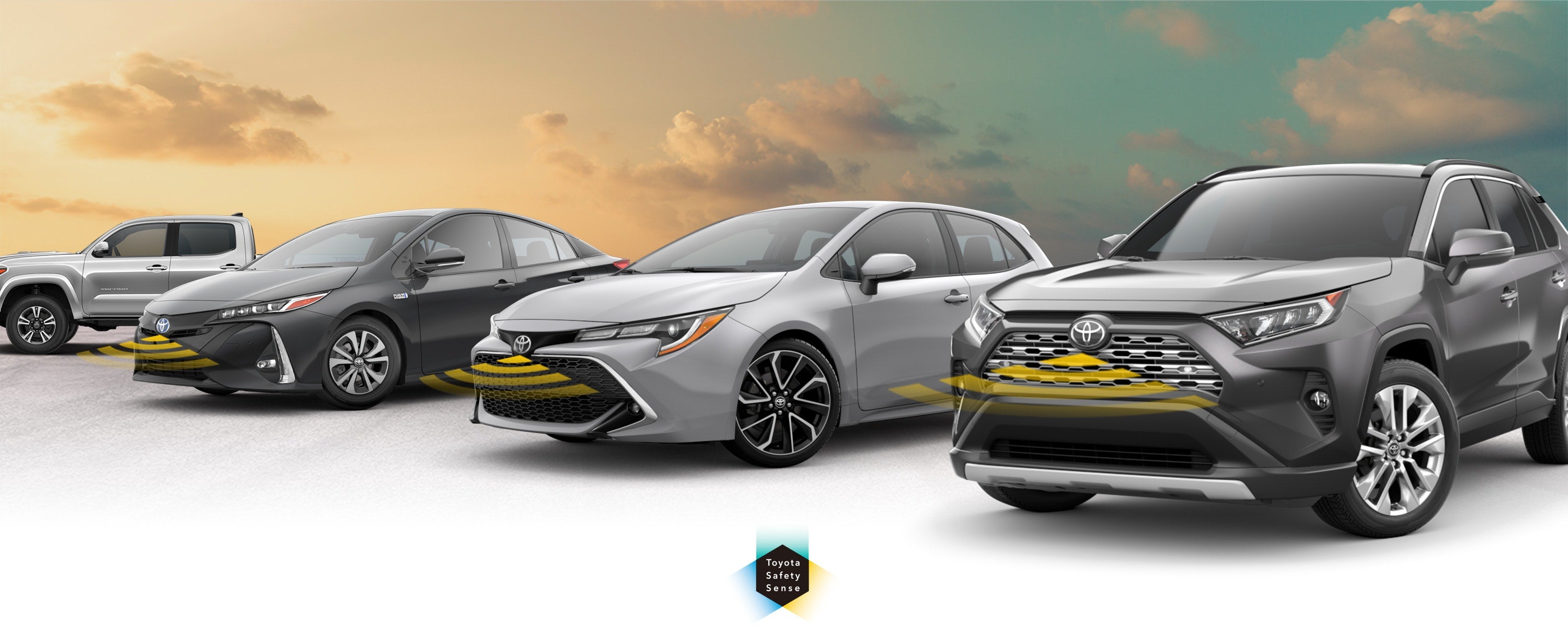 Toyota Safety Sense: Designed for Safety. Options shown on Toyota models including RAV4, Tacoma, and Camry, available now at Monken Toyota of Mt. Vernon in Mt Vernon IL.